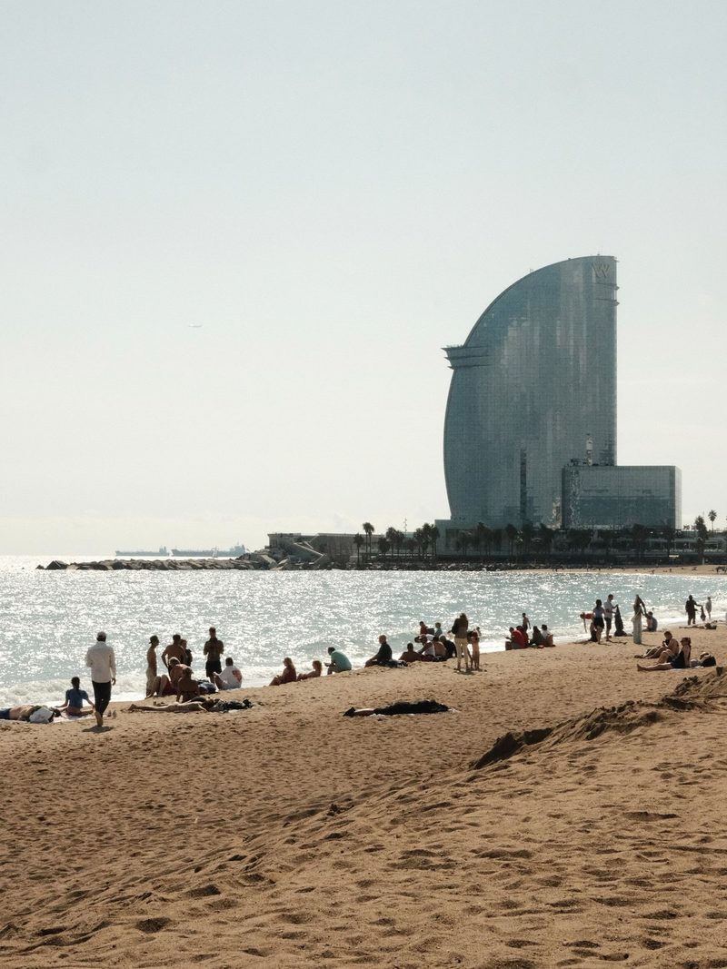 A large, curved building stands on the shore of a body of water, with a sandy beach in the foreground and a group of people gathered near the water's edge.