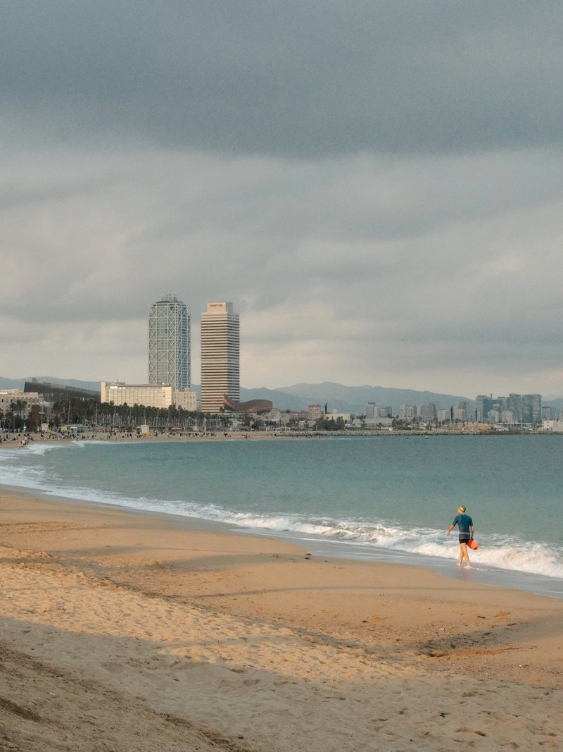 A person walks along a sandy beach, carrying an orange object, with a city skyline and mountains visible in the background.