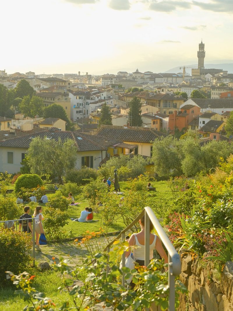 A group of people are gathered in a park, surrounded by lush greenery and a variety of trees, with a few buildings visible in the background.