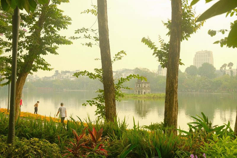 A serene lake scene with lush greenery and a distant cityscape.