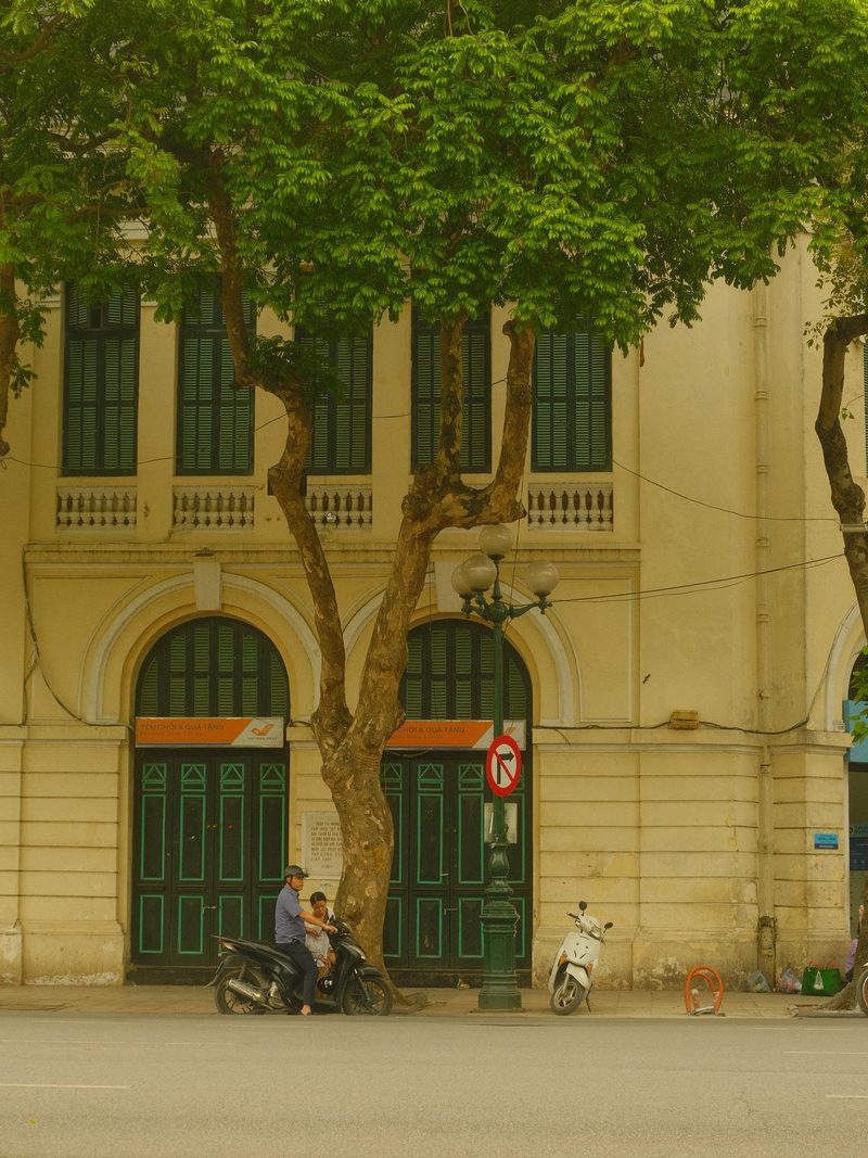 A large yellow building with green doors and windows, featuring a tree in front and scooters parked nearby.