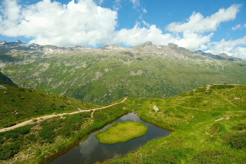 A serene mountain landscape with a winding path, a small pond, and a grassy hillside under a blue sky with white clouds.