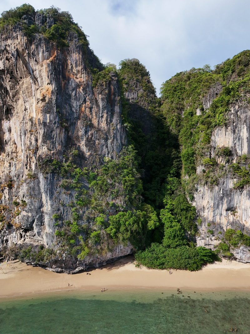 A large cliff face rises from a sandy beach, with lush greenery covering its surface.