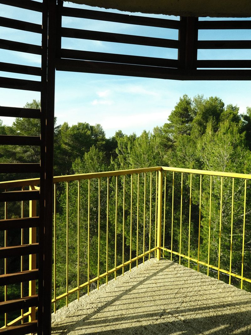 A yellow railing and a staircase with a forest in the background.
