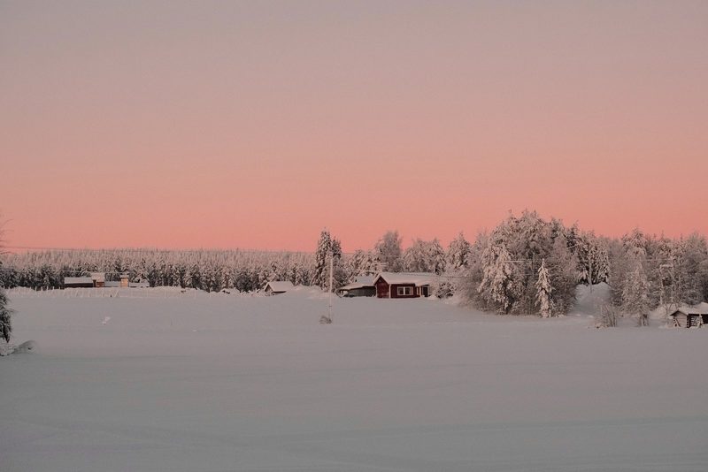 A snow-covered landscape with a red house and trees, set against a pink sky.