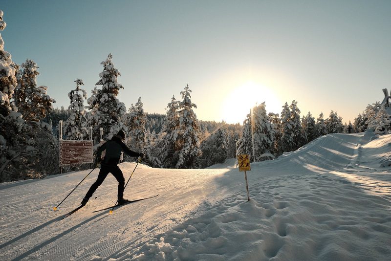 A person in a black outfit and hat is skiing on a snowy path, with a yellow sign featuring a red and black symbol to the right.