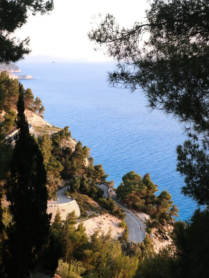A winding road, lined with trees and a stone wall, descends to a body of water.