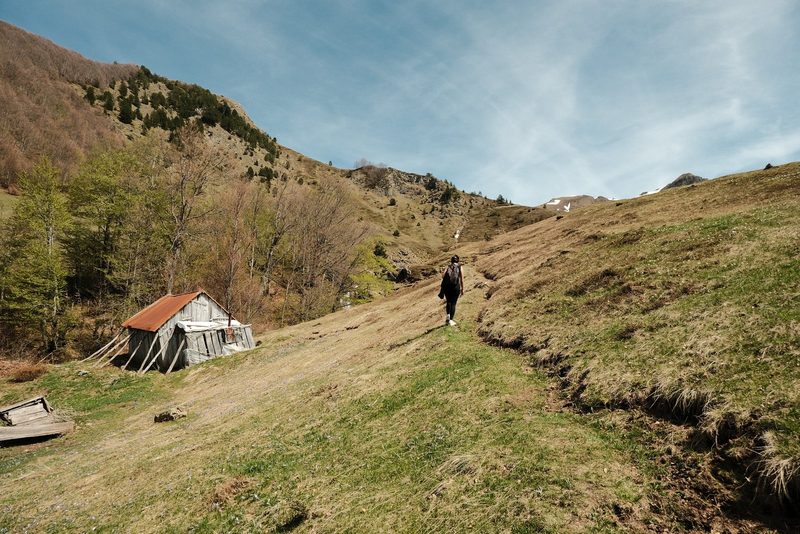 A person walks up a grassy hill towards a small wooden cabin in a mountainous area.