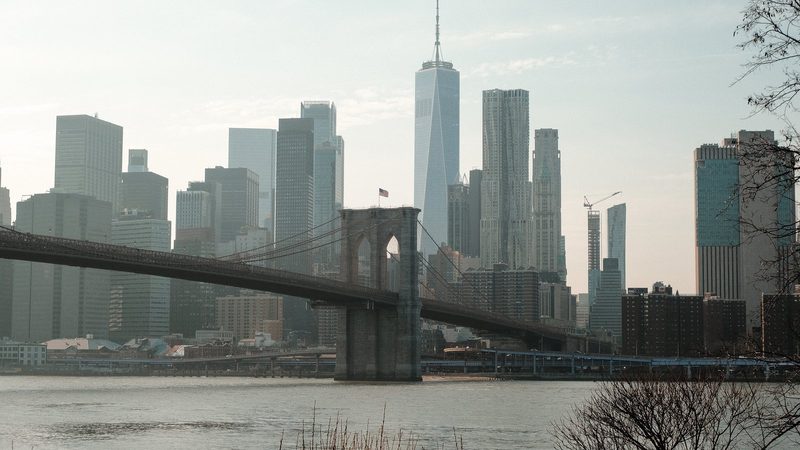 A city skyline with a bridge spanning a river, featuring a prominent skyscraper and a flag flying atop a tower.
