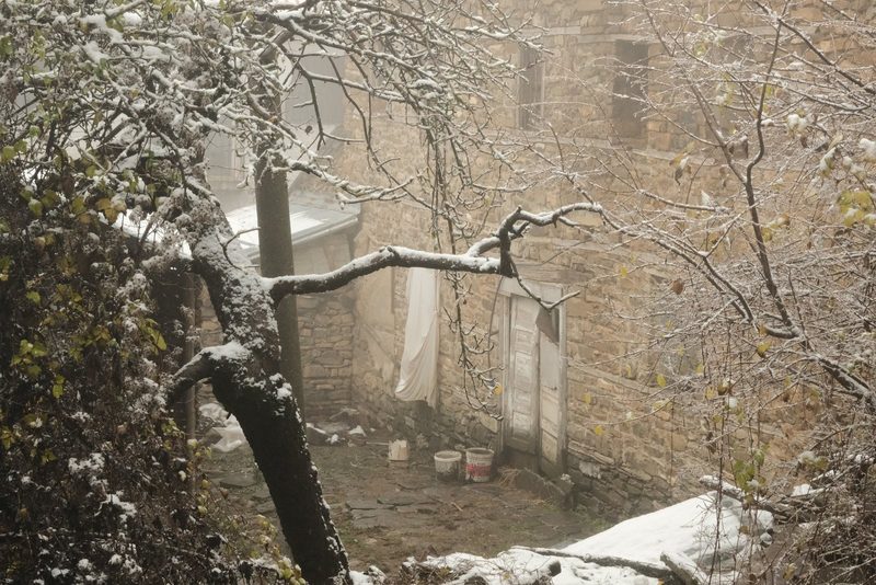 A stone building with a white door and window, surrounded by trees and snow-covered ground.