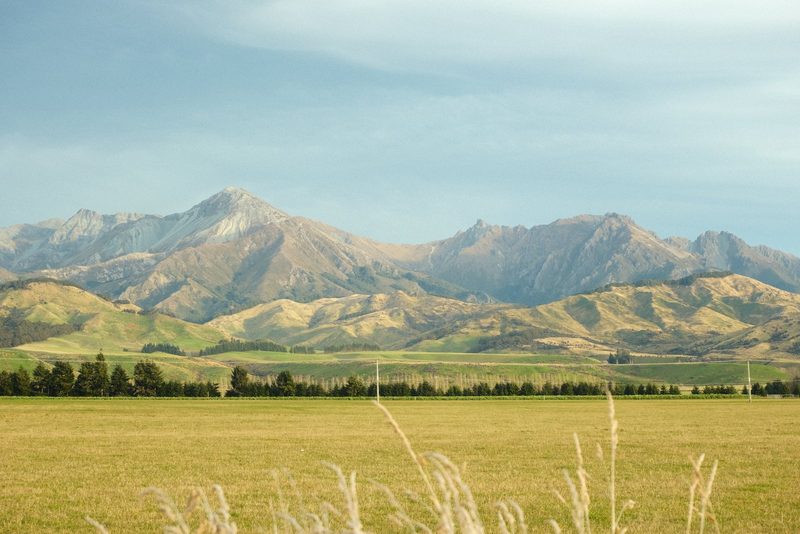 A vast grassy field stretches out in front of a mountain range under a blue sky.